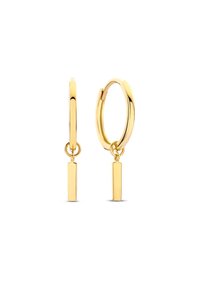 Gouden creolen met een gepolijste afwerking, featuring een hangende rechthoekige staaf in het midden, een gladde textuur en een ronde vorm.