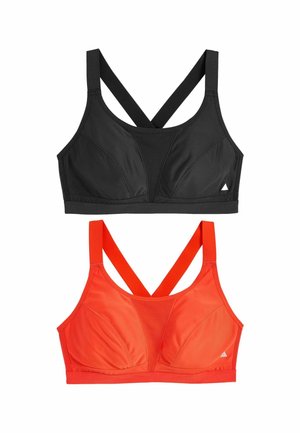 Zwei Sportbras: einer schwarz mit gekreuzten Trägern, der andere leuchtend orange mit verstellbaren Kreuzträgern. Beide haben einen glatten, strukturierten Stoff.