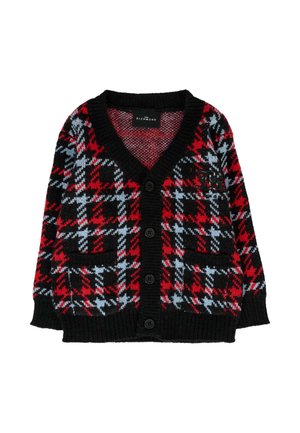 Cardigan a quadri nero, rosso e blu con scollo a V, dotato di chiusura a bottoni e due tasche frontali. Tessuto lavorato a maglia e polsini a costine.
