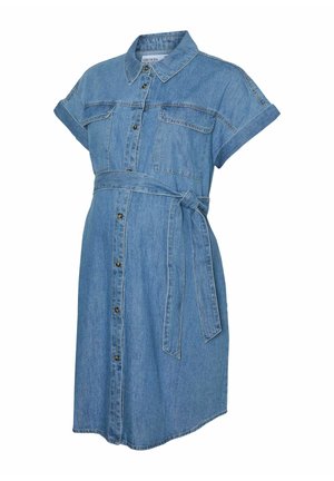 Denim skjorte kjole med korte ærmer, knaplukning foran, to brystlommer, en bælte i taljen og en buet bund.