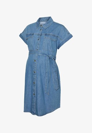 Denim-paitamekko, jossa on lyhyet hihat, napitettava etuosa, kaksi rintataskua, vyötäröllä solmittava vyö ja kaareva helma.