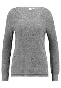 Grauer langärmeliger Pullover mit V-Ausschnitt. Strukturiertes Strickmaterial, gerippte Bündchen und Saum sowie eine lockere Passform. Tags kennzeichnen die Größe S.