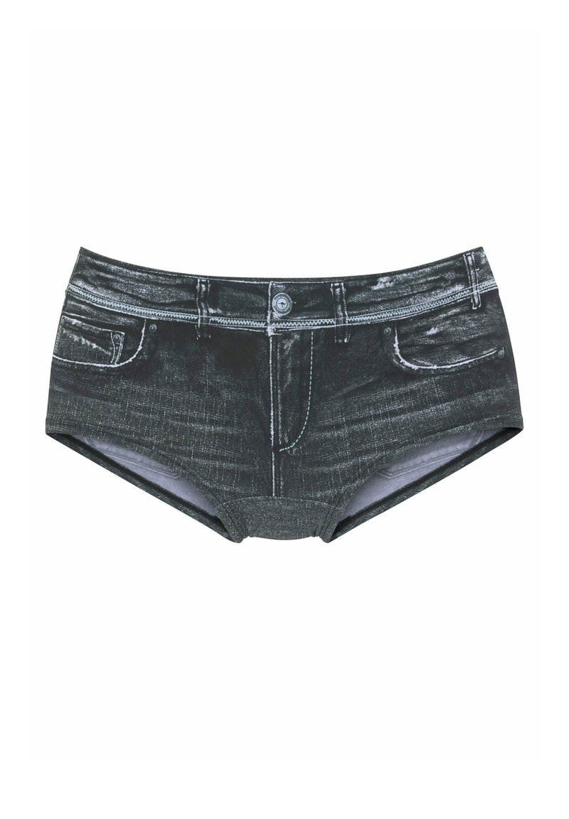 Schwarze Denim-Style Boyshorts mit realistischem Taschendesign, vorderem Knopf und verwaschenem Look. Weicher Stoff mit elastischem Bund.