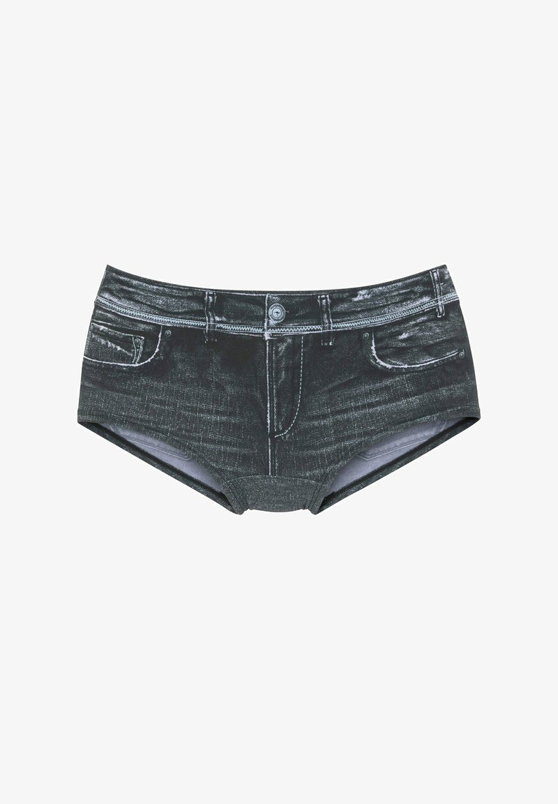 Schwarze Denim-Style Boyshorts mit realistischem Taschendesign, vorderem Knopf und verwaschenem Look. Weicher Stoff mit elastischem Bund.