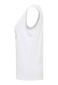 Hvid ærmeløs tanktop lavet af blødt stof, med en rund halsudskæring og et minimalistisk blomsterdesign på forsiden.