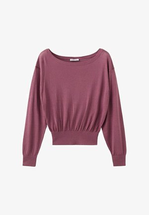 Pulover z dolgimi rokavi v barvi vijolične sivke, z širokim okroglim izrezom, nabranim pasom ter rebrastimi manšetami in spodnjim robom.