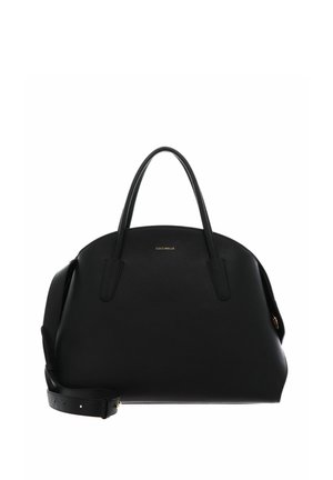 Borsa a mano in pelle nera con due manici, tracolla regolabile e piccolo logo dorato del marchio al centro davanti.