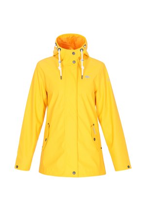 Gul vandtæt jakke med hætte, der har to frontlommer, sølvdetaljer og hvide snore til justerbar pasform.