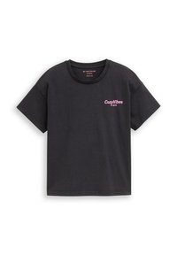 Schwarzes, oversized T-Shirt aus Baumwolle. Hat kurze Ärmel und einen runden Halsausschnitt. Auf der Vorderseite steht in pinkem Text "CozyVibes in NYC".