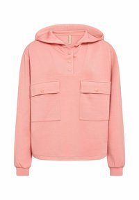 Roze hoodie met een voorpand en drie knopen. Heeft twee borstzakken, lange mouwen en een zachte, geprofileerde stof.