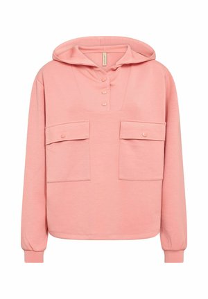 Růžová mikina s předním zapínáním a třemi knoflíky. Obsahuje dvě náprsní kapsy, dlouhé rukávy a měkkou, texturovanou tkaninu.
