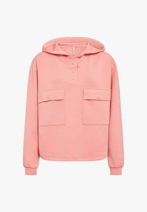 Felpa rosa con placca frontale e tre bottoni. Presenta due tasche sul petto, maniche lunghe e un tessuto morbido e texturizzato.