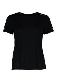 Maglietta sportiva nera a maniche corte realizzata in tessuto leggero con una texture liscia. Presenta piccoli dettagli riflettenti sulle spalle e sulle maniche.