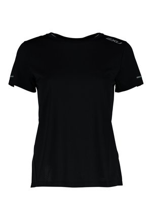 Black short-sleeve athletic shirt made of lightweight fabric with a smooth texture. Features small reflective accents on shoulders and sleeves.