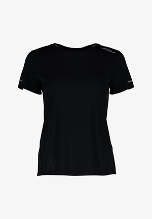 Maglietta sportiva nera a maniche corte realizzata in tessuto leggero con una texture liscia. Presenta piccoli dettagli riflettenti sulle spalle e sulle maniche.