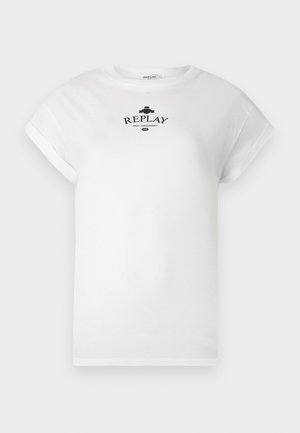 Tricou alb din bumbac cu decolteu rotund și mâneci scurte rulate. Prezintă un logo negru imprimat cu textul "REPLAY NOT ORDINARY."