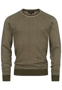 Pulover tricotat de culoare verde măsliniu, cu un model texturat, de tip crew neckline, cu manșete și tiv cu nervuri. Accentuare notabilă a culorii contrastante la guler.