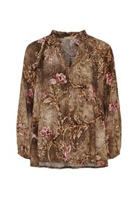 Løs, brun bluse med blomster- og paisley-mønstre, der har V-hals, rynket halsudskæring og lange ærmer med elastiske manchetter.