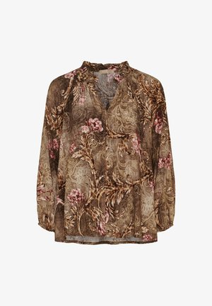 Løs, brun bluse med blomster- og paisley-mønstre, der har V-hals, rynket halsudskæring og lange ærmer med elastiske manchetter.