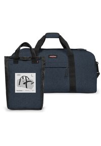 Bolso de deporte de tela azul con detalles en negro, que cuenta con asas dobles y un bolsillo frontal; incluye un bolso de mano a juego más pequeño con un gráfico.