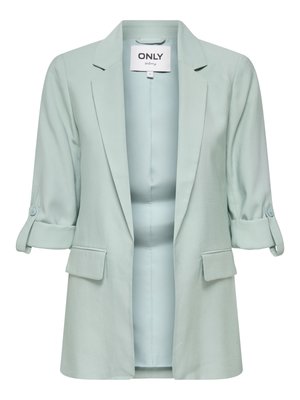 Blazer pour femmes vert clair avec manches retroussées, pattes de boutonnage, deux poches à rabat à l'avant et col cranté.