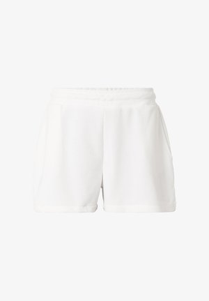 Białe, prążkowane szorty z elastycznym pasem i bocznymi kieszeniami, zaprojektowane do noszenia na co dzień.