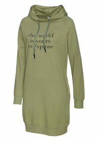 Olivenfarbendes Hoodie-Kleid mit einem Kängurutasche, verstellbarem Kordelzug-Hoodie und bedrucktem Text "die Welt steht dir offen zu erkunden." Rippbündchen.