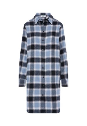 Flannel shirt featuring a blue, black, and grey plaid pattern, button closure, collar, and long sleeves. Soft texture and relaxed fit.