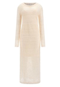 Robe longue en dentelle crème avec un col rond et des manches longues, présentant un motif texturé de formes géométriques sur toute la surface.