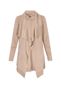 Beige műsuede dzseki nyitott elülső résszel, hosszú ujjaival, redőzött gallérral, valamint dekoratív varrással az alján és az ujjak végén.