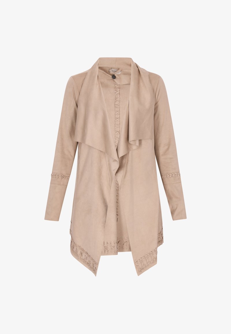 Beige Kunstlederjacke mit offener Front, langen Ärmeln, drapiertem Kragen und dekorativer Naht am Saum und den Bündchen.