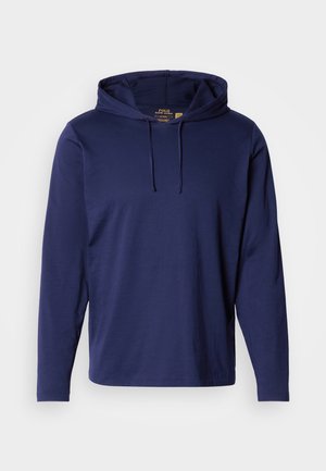 Bluza cu glugă cu mâneci lungi, de culoare bleumarin, din material moale, prevăzută cu un buzunar tip cangur și șnururi ajustabile la glugă.