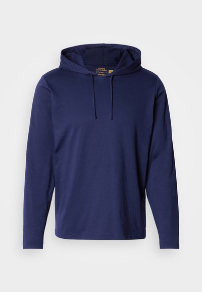 Sweatshirt azul-marinho de manga comprida com capuz, feito de tecido macio, com bolso canguru e cordões ajustáveis no capuz.