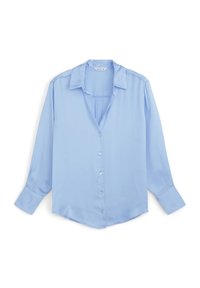 Blusa di satin azzurro chiaro con colletto, maniche lunghe, chiusura a bottoni frontale e orlo leggermente curvo; presenta una leggera lucentezza e nessun motivo.