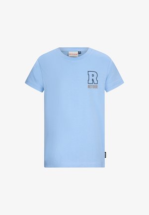 Jasnoniebieski bawełniany t-shirt z krótkim rękawem i okrągłym dekoltem, z nadrukowanym logo "R Retour" na lewej piersi.