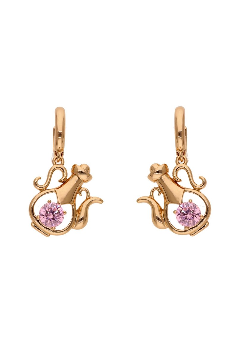 Orecchini tono oro con un design giocoso a forma di teiera e un accento di gemma rosa. Superficie liscia con curve eleganti e fluide.