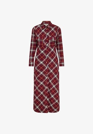Czerwona kratkowana długa sukienka koszulowa z guzikami z przodu, dwiema kieszeniami na klatce piersiowej i długimi rękawami. Wzór zawiera mieszankę białych i żółtych linii.