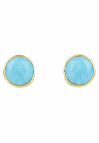 Runda stiftörhängen med en facetterad sten i turkosblått, insatt i en metallram i guldton. Designen är enkel och geometrisk.