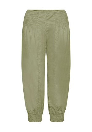 Pantalons décontractés en vert olive clair, avec une taille smockée, des poignets fuselés et une texture lisse et légère.