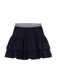 Gonna a balze blu navy con tre strati arricciati. La vita elastica presenta righe orizzontali bianche. Realizzata in tessuto morbido ed elasticizzato.