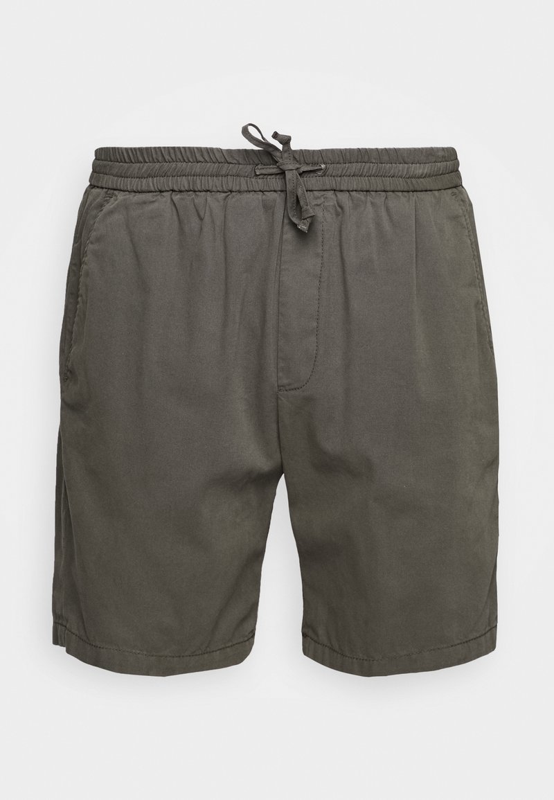 Zielone bawełniane szorty z elastycznym pasem, regulowanym sznurkiem, bocznymi kieszeniami i luźnym krojem. Gładka tekstura i prosty design.