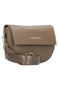 Brown leather crossbody bag with a flap closure, gold-toned branding, and a fabric strap featuring "VALENTINO" in gray print.