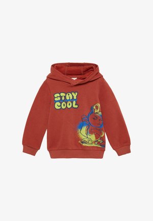 Ruda bluza z kapturem z nadrukiem postaci na przodzie, z napisem "STAY COOL" w tłustym, zabawnym foncie. Miękki, bawełniany materiał.