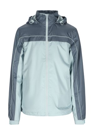 Lightweight jacket in light blue and dark gray, with a full zip, hood, and elastic cuffs. Features contrasting color panels and drawstring.
