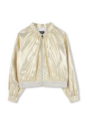Veste bomber en crème légèrement métallisée avec épaules froncées, poignets élastiques, zip à l'avant et détail de ceinture de marque.