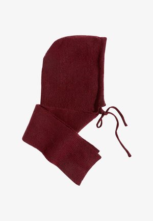 Burgunderfarbene Strick-Balaclava-Mütze mit langem Schal, mit gerippter Textur, tailliertem Design und Bindebändern am Hals für einen sicheren Verschluss.