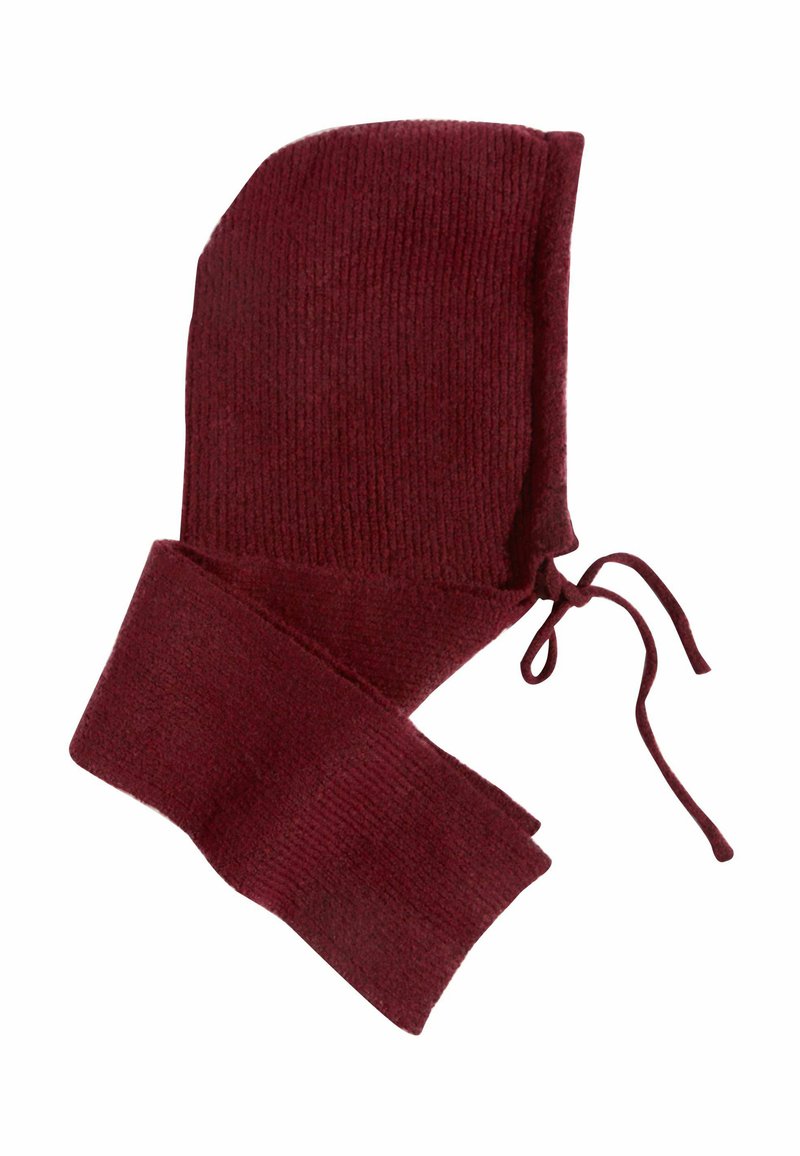 Burgundia kootud balaklava müts pika salliga, millel on sooniline tekstuur, kumer disain ja sidumisrihmad kaela ümber kindla sulgemise jaoks.