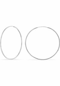 Orecchini a cerchio in tonalità argento, caratterizzati da una forma liscia e rotonda di varie dimensioni; finitura lucida, struttura sottile in metallo, senza decorazioni.