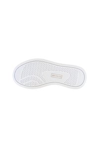 Hvid sneakersål med teksturerede honningkage- og bølgemønstre. Har en rektangulær label i midten. Glat, holdbart materiale.