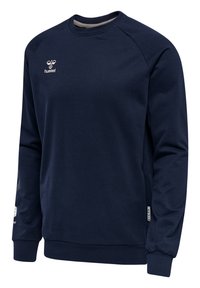 Felpa blu navy realizzata in tessuto misto cotone, con collo a giro, maniche raglan e un piccolo logo sul petto e sulla manica.